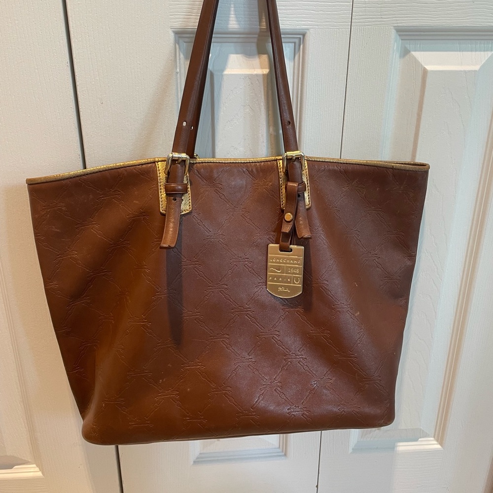 Longchamp Brown Leather Tote Bag Gold Hardware